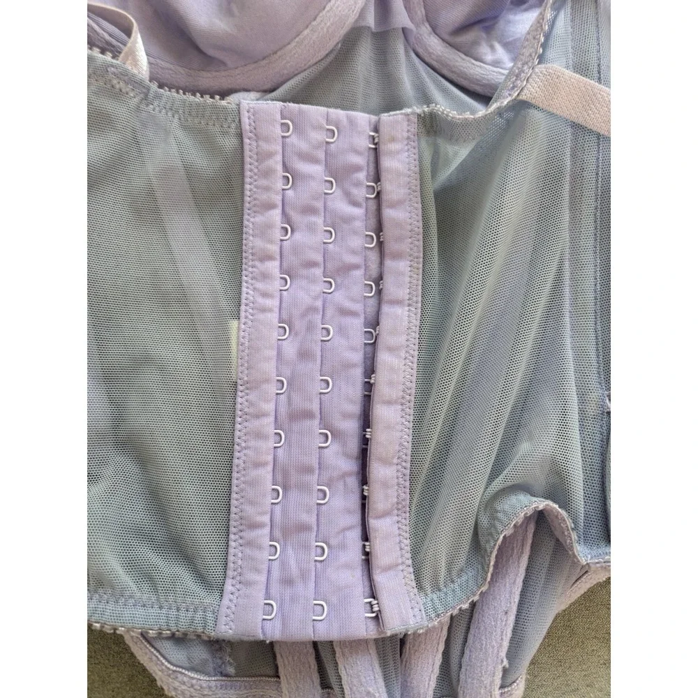 Y2K Lavender Lace Fairy Basque Waist Bustier Corset Sz 34B Sheer Mesh Romantic‎